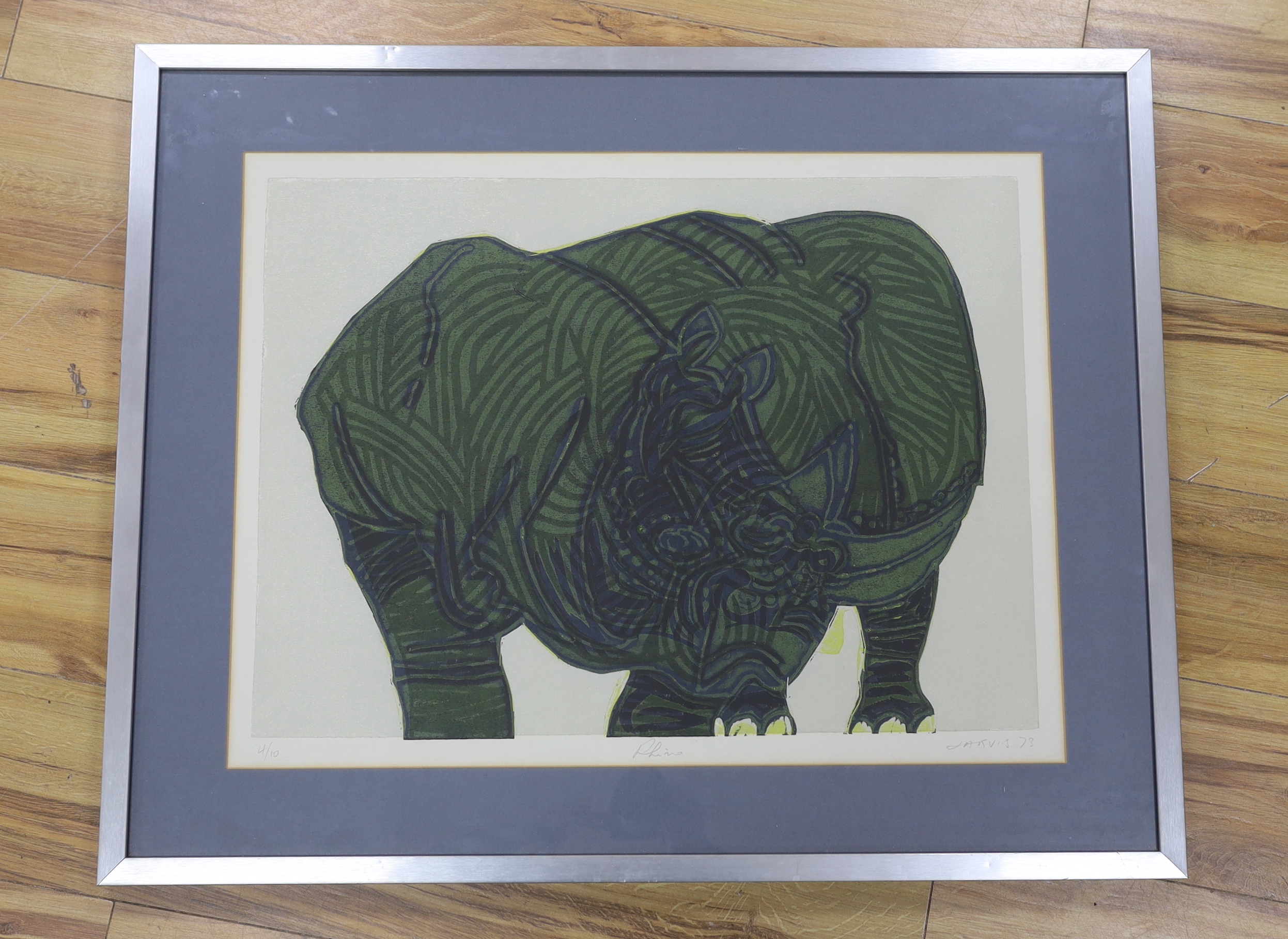 Roland Jarvis (1926-2016), colour etching, Rhino, signed and dated '73 in pencil, limited edition 4/10, 49 x 64cm